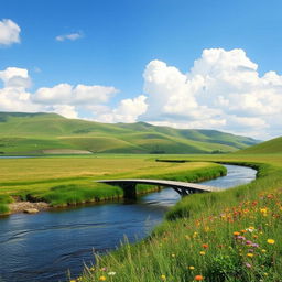 A serene landscape featuring rolling hills, a calm river, and a clear blue sky with fluffy white clouds