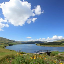 A serene landscape featuring rolling hills, a calm river, and a clear blue sky with fluffy white clouds