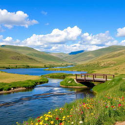 A serene landscape featuring rolling hills, a calm river, and a clear blue sky with fluffy white clouds