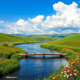 A serene landscape featuring rolling hills, a calm river, and a clear blue sky with fluffy white clouds