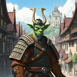 Create a full-length image of a green-skinned, hornless, sharp-eared, and fanged samurai half-orc wearing traditional samurai armor