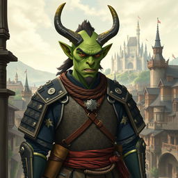 Create a full-length image of a green-skinned, hornless, sharp-eared, and fanged samurai half-orc wearing traditional samurai armor