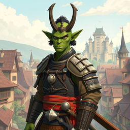 Create a full-length image of a green-skinned, hornless, sharp-eared, and fanged samurai half-orc wearing traditional samurai armor