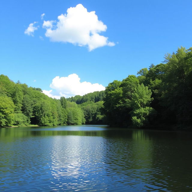 A beautiful landscape featuring a serene lake surrounded by lush green trees, with a clear blue sky and a few fluffy white clouds