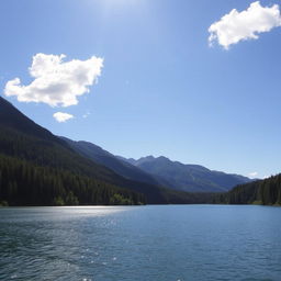 A beautiful landscape featuring a serene lake surrounded by lush green forests and majestic mountains in the background