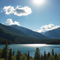 A beautiful landscape featuring a serene lake surrounded by lush green forests and majestic mountains in the background