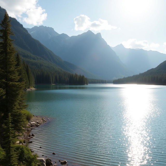 A beautiful landscape featuring a serene lake surrounded by lush green forests and majestic mountains in the background