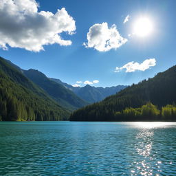 A beautiful landscape featuring a serene lake surrounded by lush green forests and majestic mountains in the background