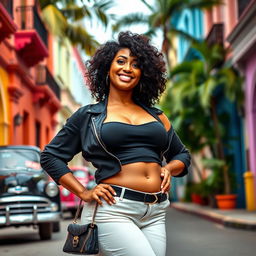 A beautiful curvy Cuban female influencer posing confidently in a stylish outfit