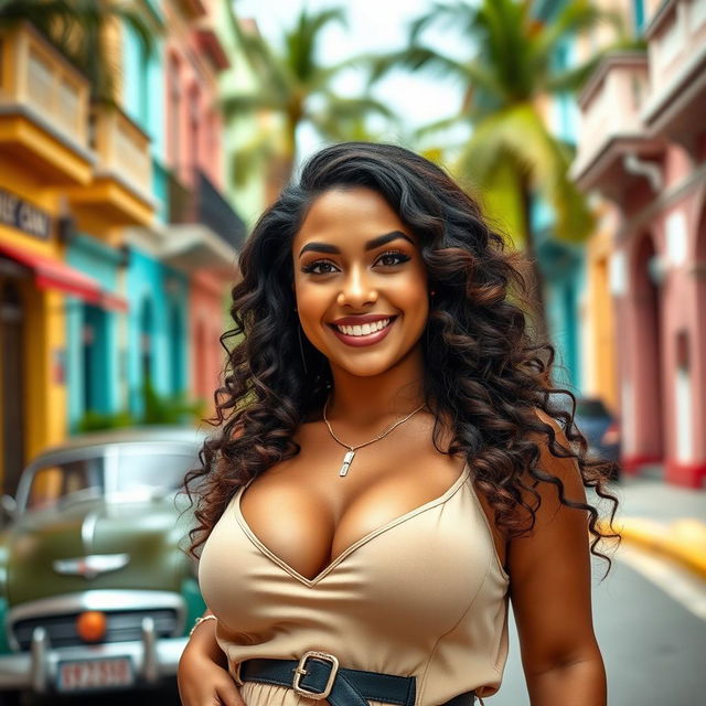 A beautiful curvy Cuban female influencer posing confidently in a stylish outfit