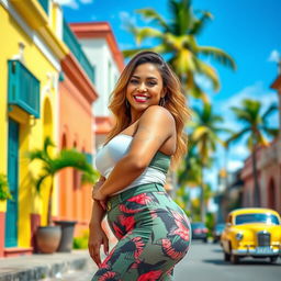 A beautiful curvy Cuban female influencer posing confidently in a stylish outfit