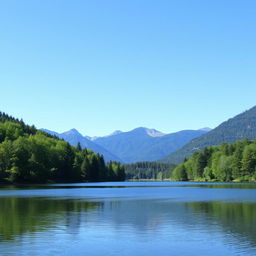 A peaceful landscape featuring a serene lake surrounded by lush green trees and mountains in the background under a clear blue sky