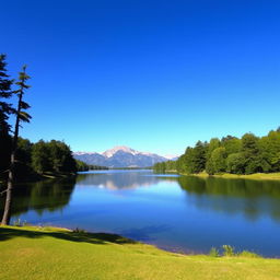 A peaceful landscape featuring a serene lake surrounded by lush green trees and mountains in the background under a clear blue sky