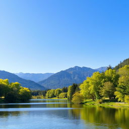 A peaceful landscape featuring a serene lake surrounded by lush green trees and mountains in the background under a clear blue sky