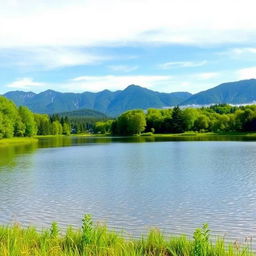 A peaceful landscape featuring a serene lake surrounded by lush green trees and mountains in the background under a clear blue sky