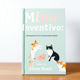 Create a book cover with the title 'Miau Inventivo:' and subtitle 'Brinquedos Feitos em Casa para Gatos Felizes