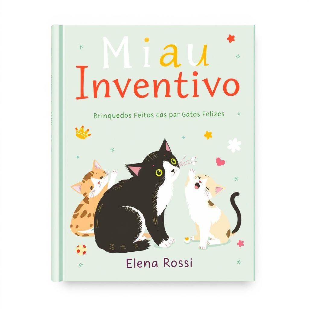 Create a book cover with the title 'Miau Inventivo:' and subtitle 'Brinquedos Feitos em Casa para Gatos Felizes