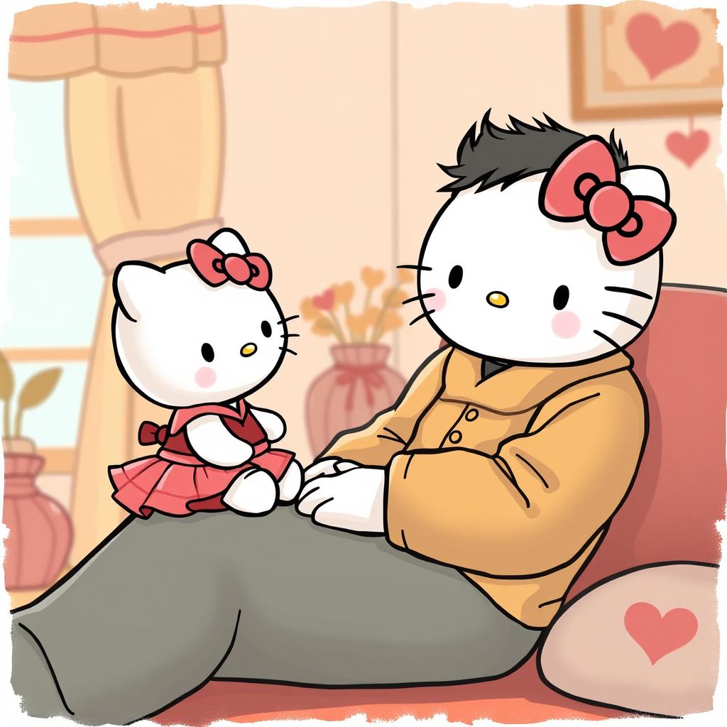 A cute scene featuring baby Hello Kitty wearing a skirt, sitting on her father's lap, while they both watch Mommy Hello Kitty