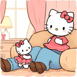 A cute scene featuring baby Hello Kitty wearing a skirt, sitting on her father's lap, while they both watch Mommy Hello Kitty