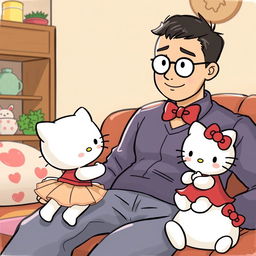 A cute scene featuring baby Hello Kitty wearing a skirt, sitting on her father's lap, while they both watch Mommy Hello Kitty