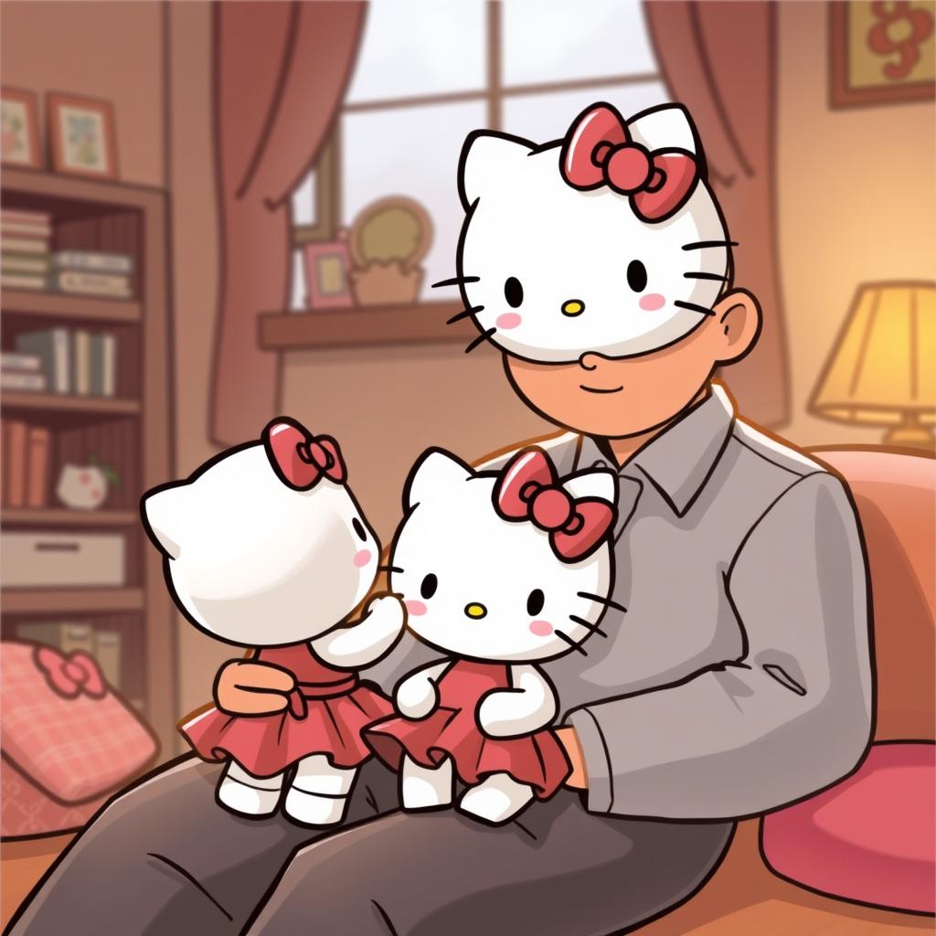 A cute scene featuring baby Hello Kitty wearing a skirt, sitting on her father's lap, while they both watch Mommy Hello Kitty