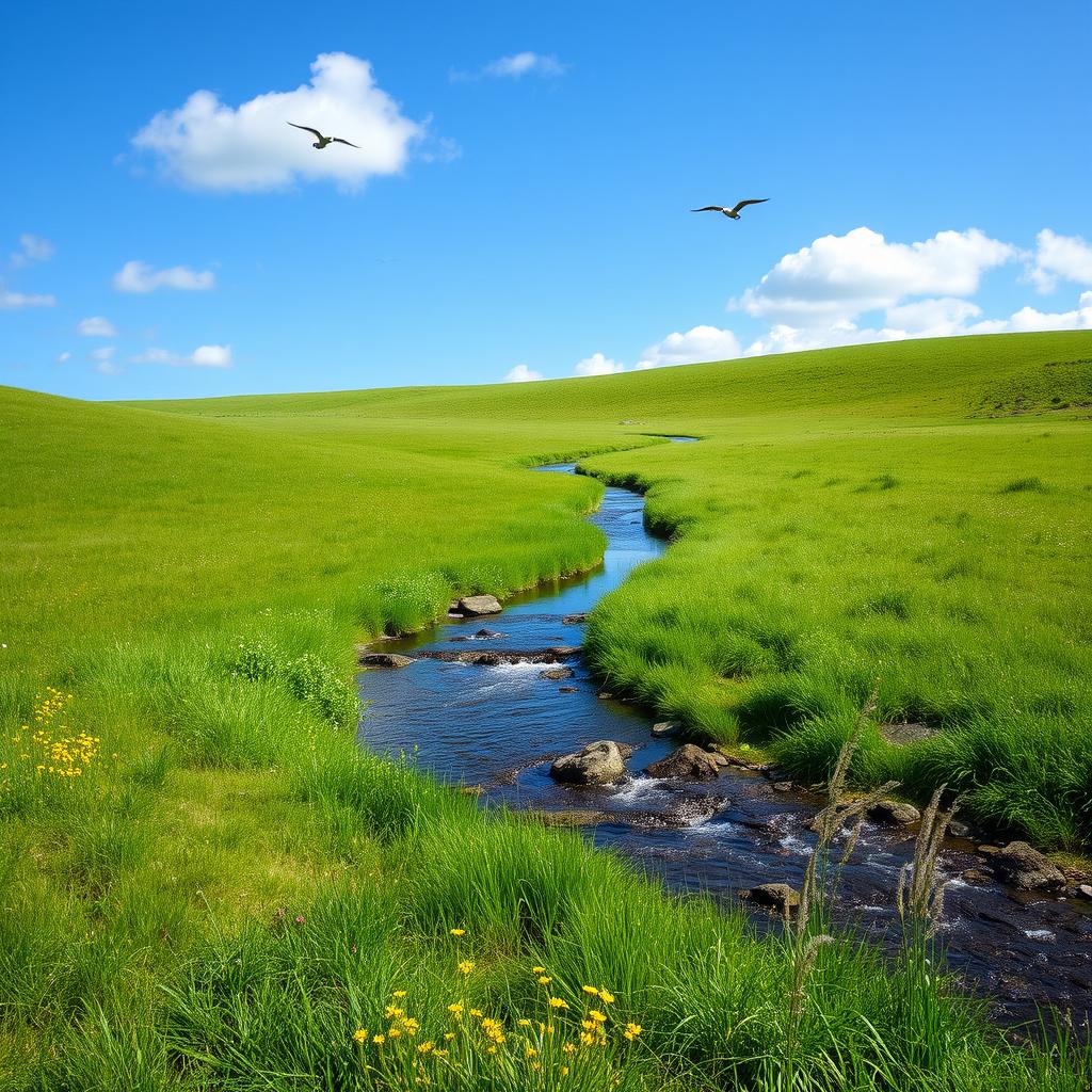 A serene landscape with a clear blue sky, lush green meadows, and a gentle stream flowing through the center