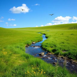 A serene landscape with a clear blue sky, lush green meadows, and a gentle stream flowing through the center