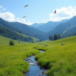 A serene landscape with a clear blue sky, lush green meadows, and a gentle stream flowing through the center