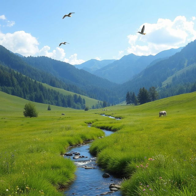 A serene landscape with a clear blue sky, lush green meadows, and a gentle stream flowing through the center