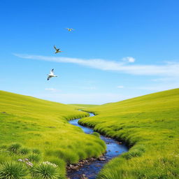 A serene landscape with a clear blue sky, lush green meadows, and a gentle stream flowing through the center