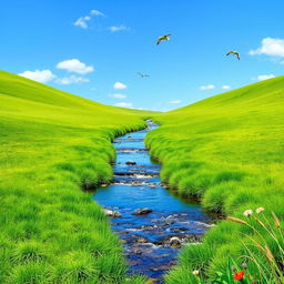 A serene landscape with a clear blue sky, lush green meadows, and a gentle stream flowing through the center