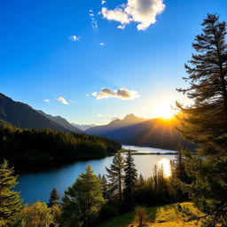 A beautiful landscape featuring a serene lake surrounded by lush green trees and mountains in the background