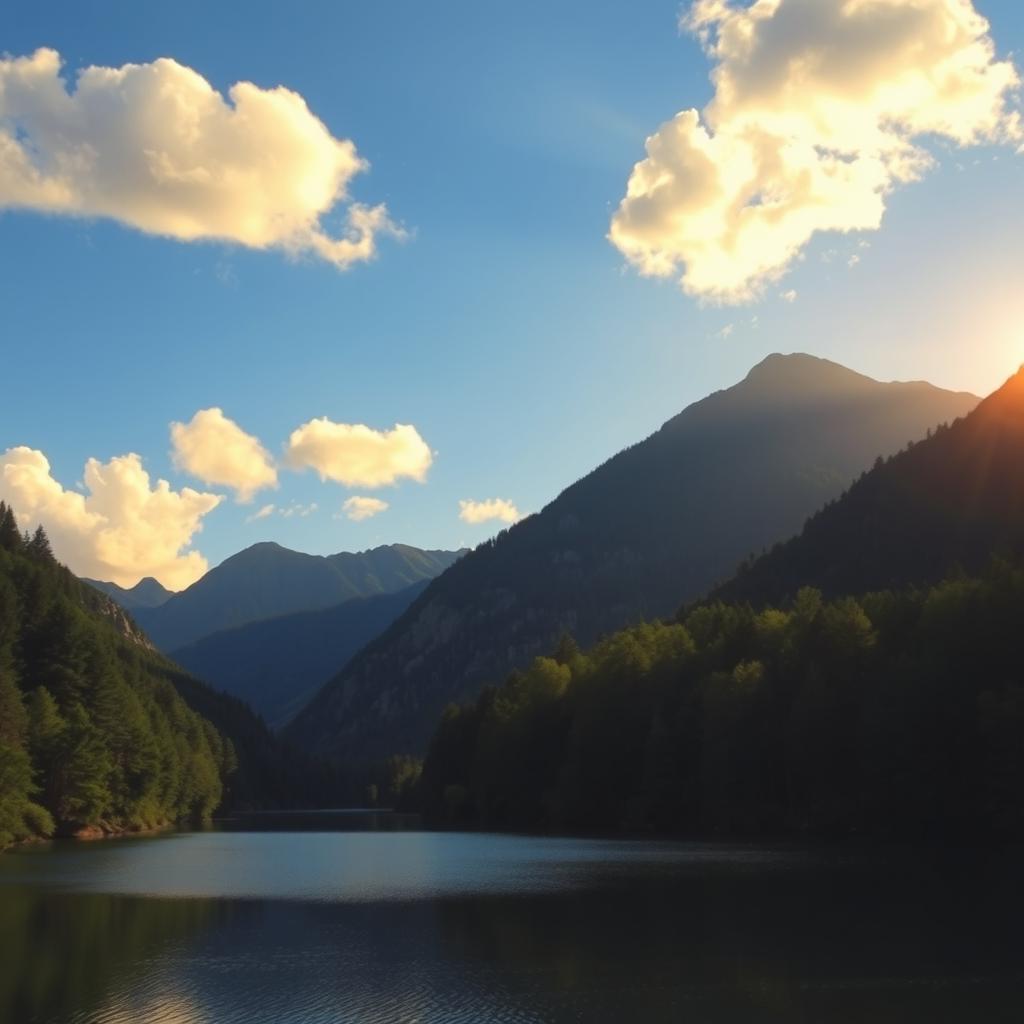 A beautiful landscape featuring a serene lake surrounded by lush green trees and mountains in the background