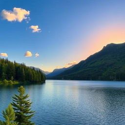 A beautiful landscape featuring a serene lake surrounded by lush green trees and mountains in the background