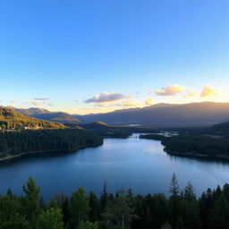 A beautiful landscape featuring a serene lake surrounded by lush green trees and mountains in the background