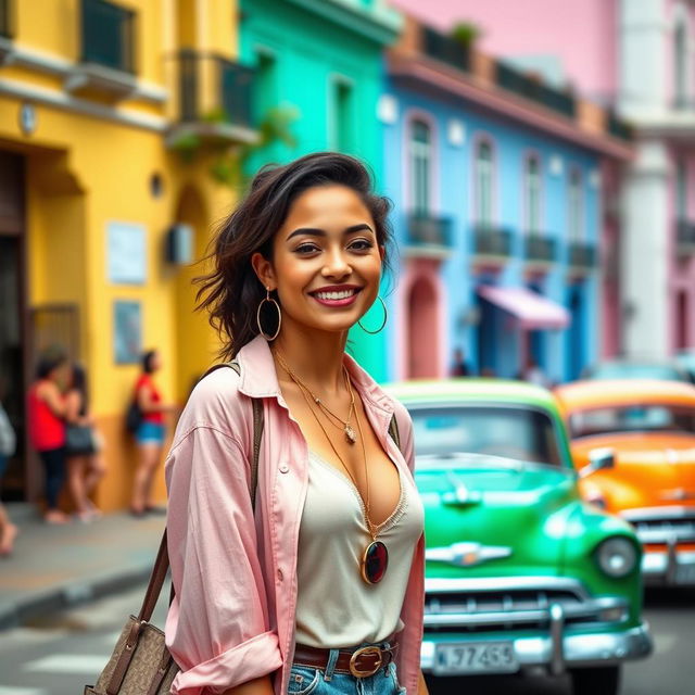 A beautiful Cuban female influencer standing in a vibrant city street, wearing stylish clothes and accessories