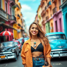 A beautiful Cuban female influencer standing in a vibrant city street, wearing stylish clothes and accessories