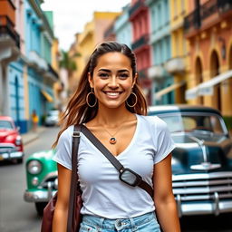 A beautiful Cuban female influencer standing in a vibrant city street, wearing stylish clothes and accessories