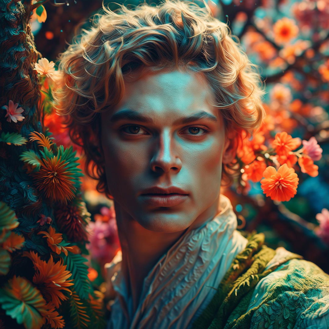 Intense close-up of a beautiful androgynous Russian man's highly detailed face in vibrant, mystical forest with Rococo vibes and flower aesthetic in hyper-realistic 3D photography.