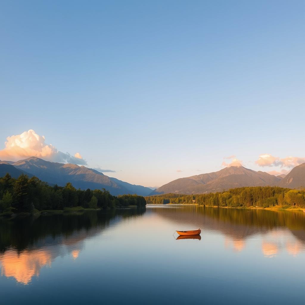 A serene landscape featuring a calm lake surrounded by lush green trees and mountains in the background