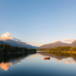 A serene landscape featuring a calm lake surrounded by lush green trees and mountains in the background