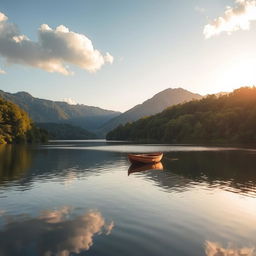 A serene landscape featuring a calm lake surrounded by lush green trees and mountains in the background