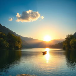 A serene landscape featuring a calm lake surrounded by lush green trees and mountains in the background