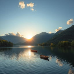 A serene landscape featuring a calm lake surrounded by lush green trees and mountains in the background