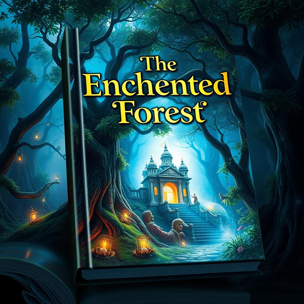 Create a captivating book cover featuring a mystical forest with a hidden ancient temple