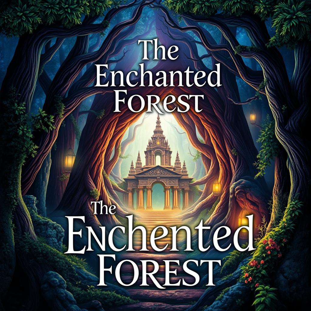 Create a captivating book cover featuring a mystical forest with a hidden ancient temple