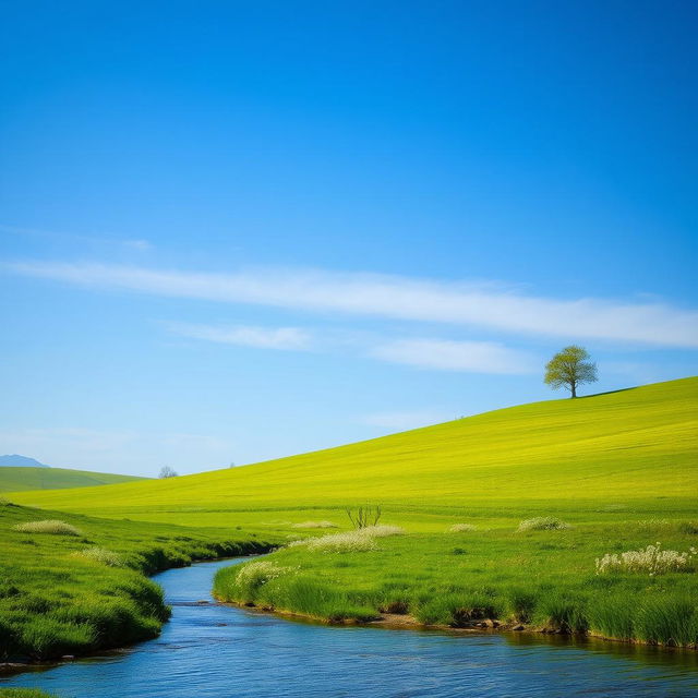 A serene landscape featuring a clear blue sky, lush green fields, and a gentle river flowing through the scene