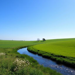 A serene landscape featuring a clear blue sky, lush green fields, and a gentle river flowing through the scene