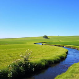 A serene landscape featuring a clear blue sky, lush green fields, and a gentle river flowing through the scene