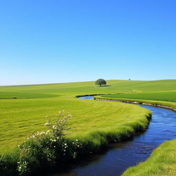 A serene landscape featuring a clear blue sky, lush green fields, and a gentle river flowing through the scene